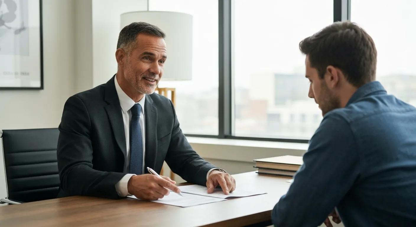 Bondsman explaining the bail bond process to a client in a professional office