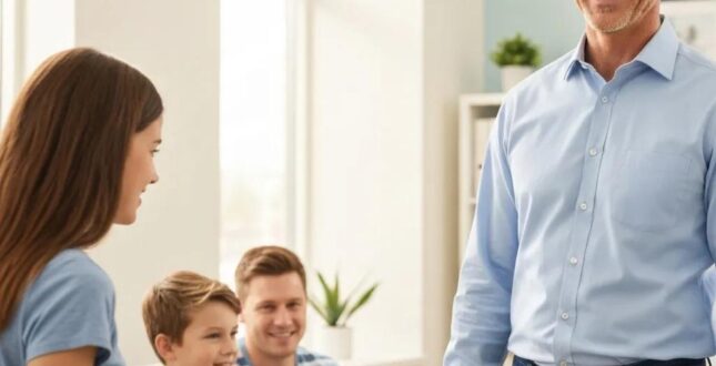 A supportive bail bondsman assisting a family in a welcoming office environment