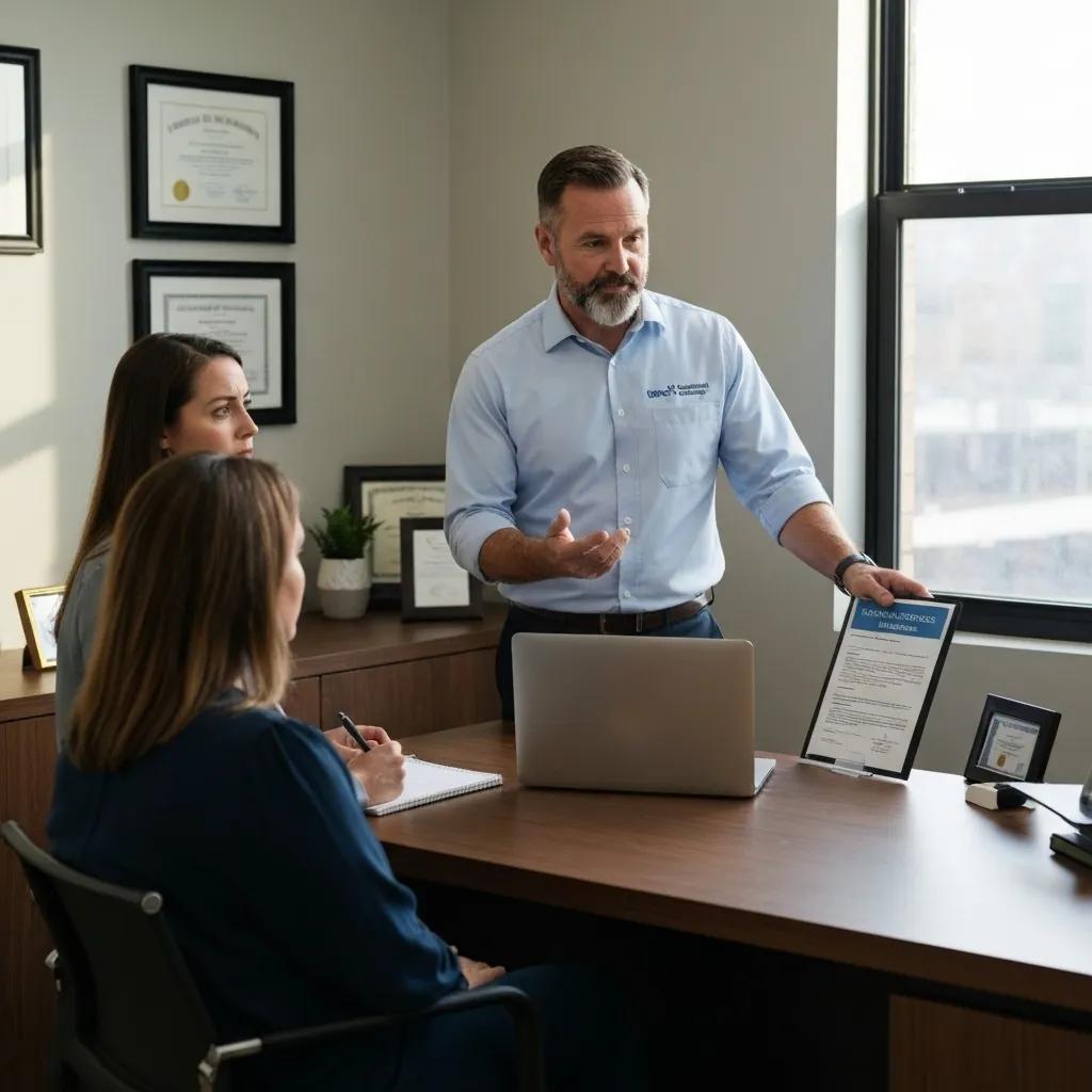 Bail bondsman explaining the bail bond process to a client in an office