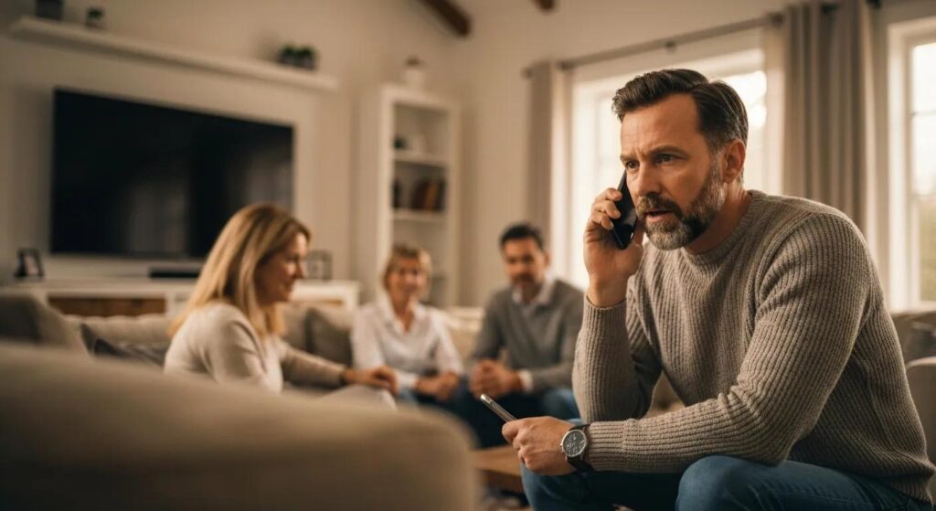Family member discussing online bail bonds in a cozy living room