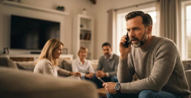 Family member discussing online bail bonds in a cozy living room