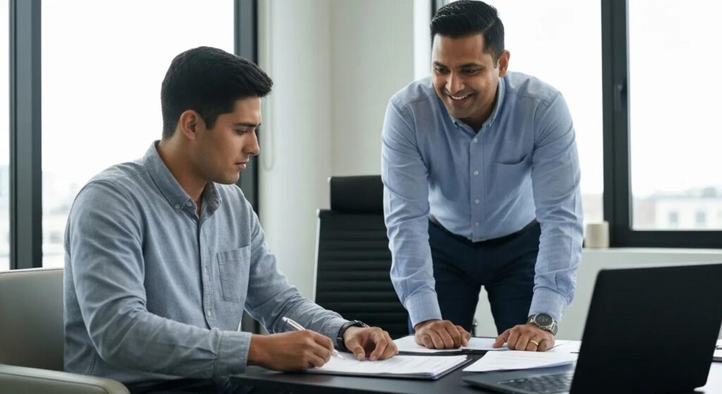 Bail bondsman assisting a client in a modern office, showcasing trust and support in the bail process