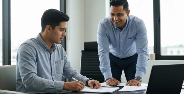 Bail bondsman assisting a client in a modern office, showcasing trust and support in the bail process