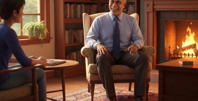 Friendly bail bondsman assisting a family in a supportive office environment