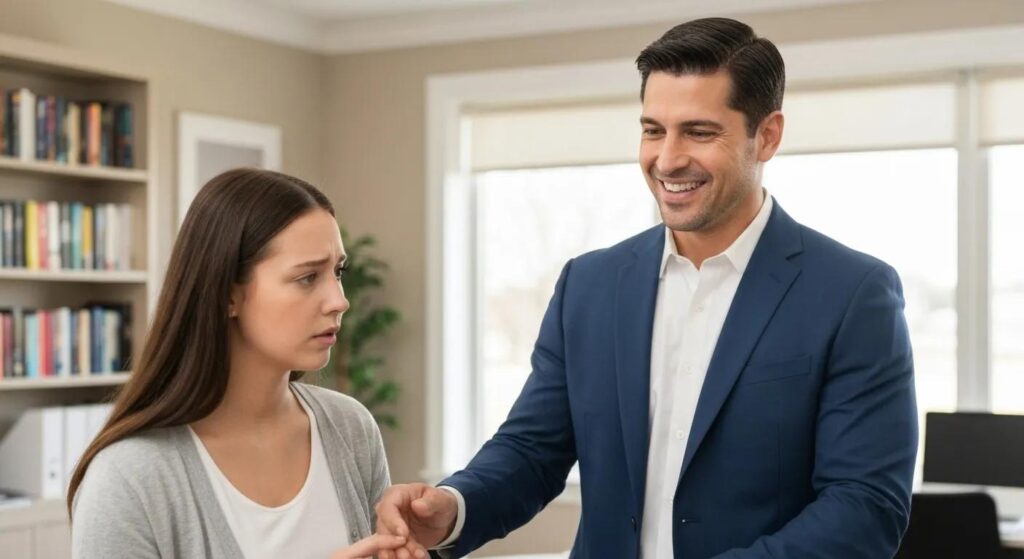 Friendly bail bondsman assisting a family member in a welcoming office environment