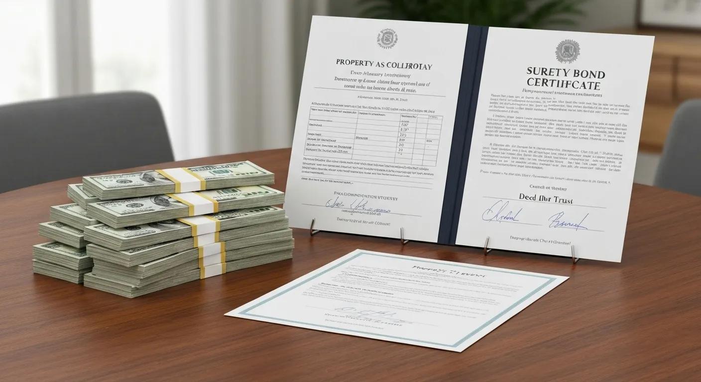 Various types of bail bonds represented by cash, property documents, and a surety bond certificate