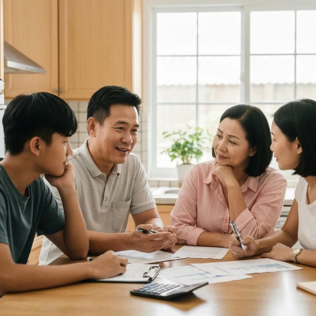 Family discussing financial options for bail bonds at a kitchen table, emphasizing the importance of understanding costs and payment plans