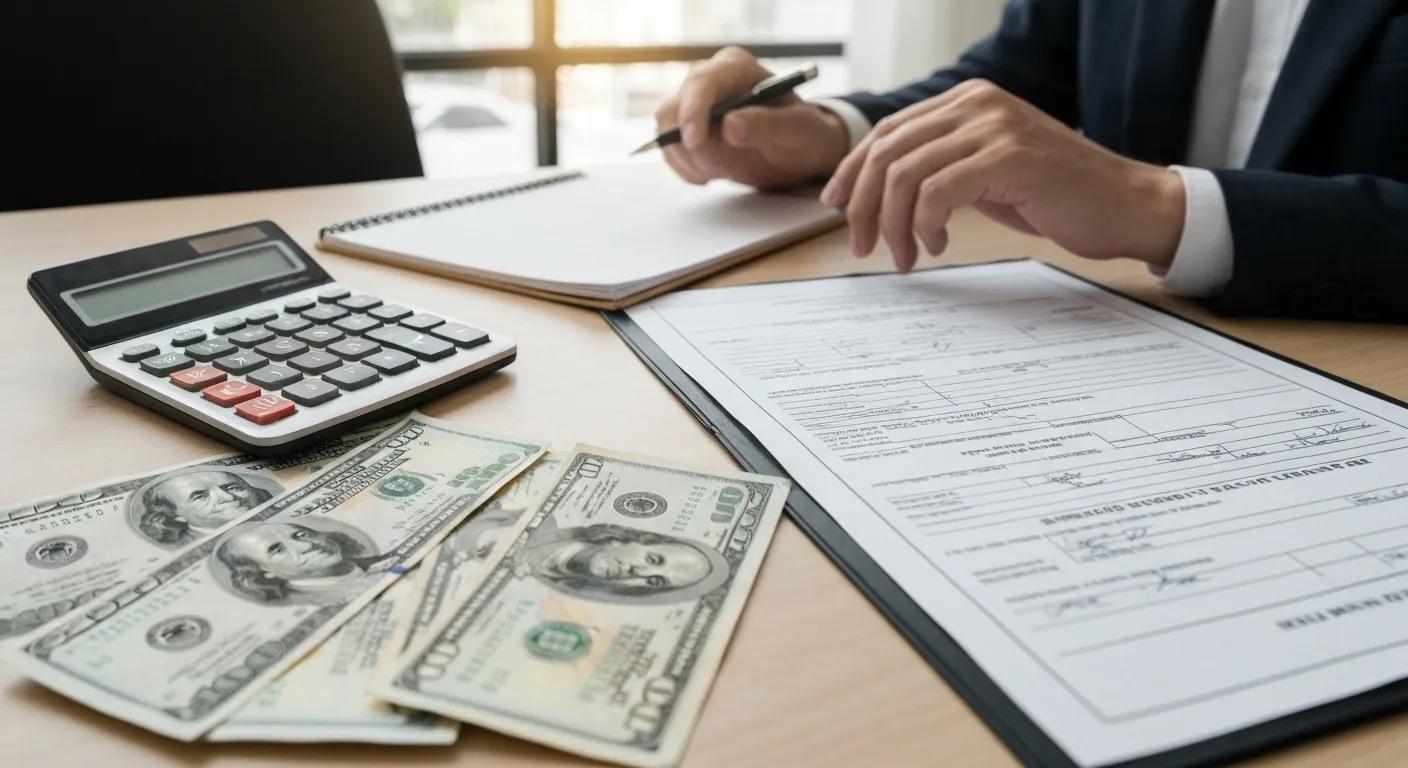 Calculator, cash, and bail bond agreement representing financial aspects of bail bonds