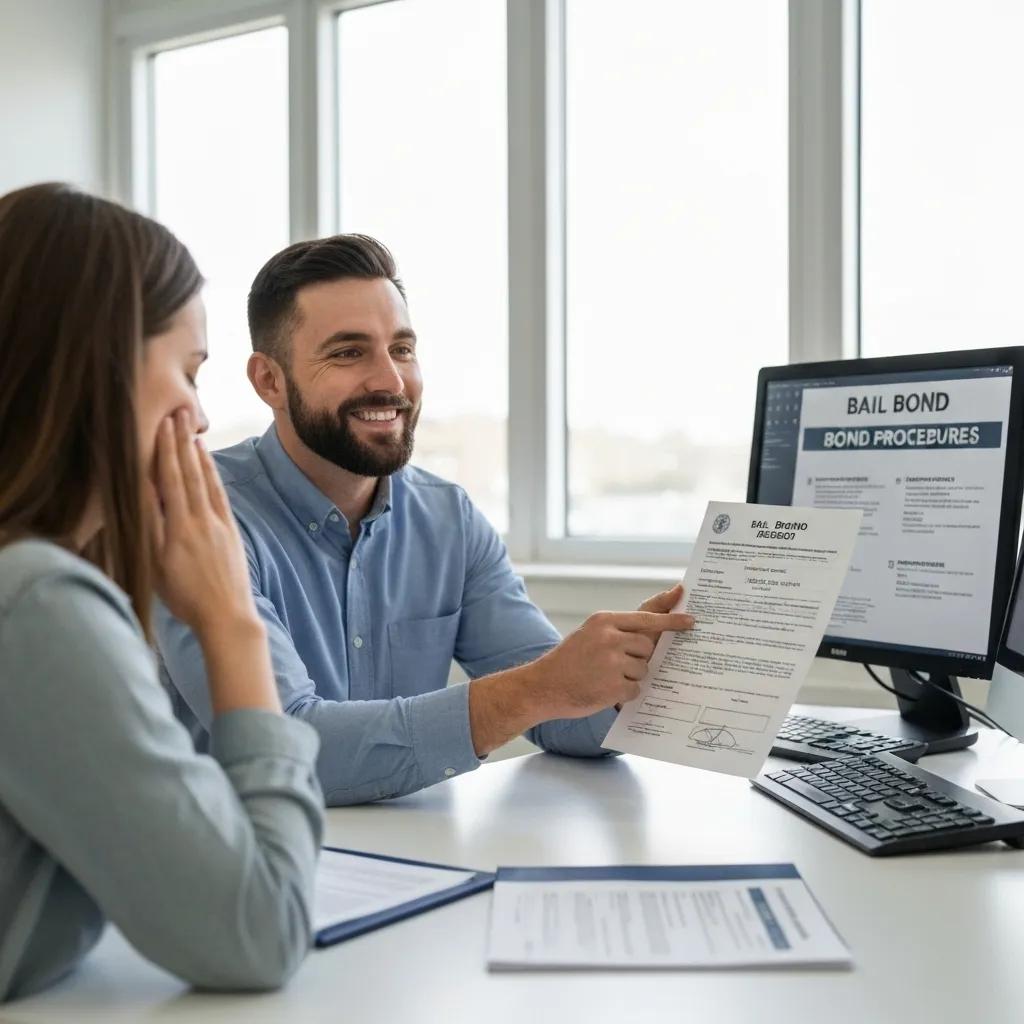 Bail bondsman explaining the bail bond process to a client in a professional office