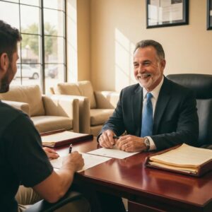 Bail bonds office in Denver with a bondsman assisting a client, emphasizing trust and professionalism