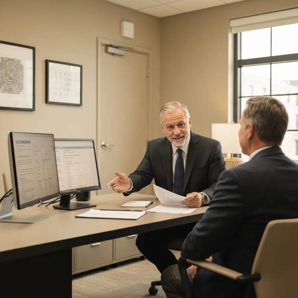 Bail bondsman explaining the bail process to a client in an office