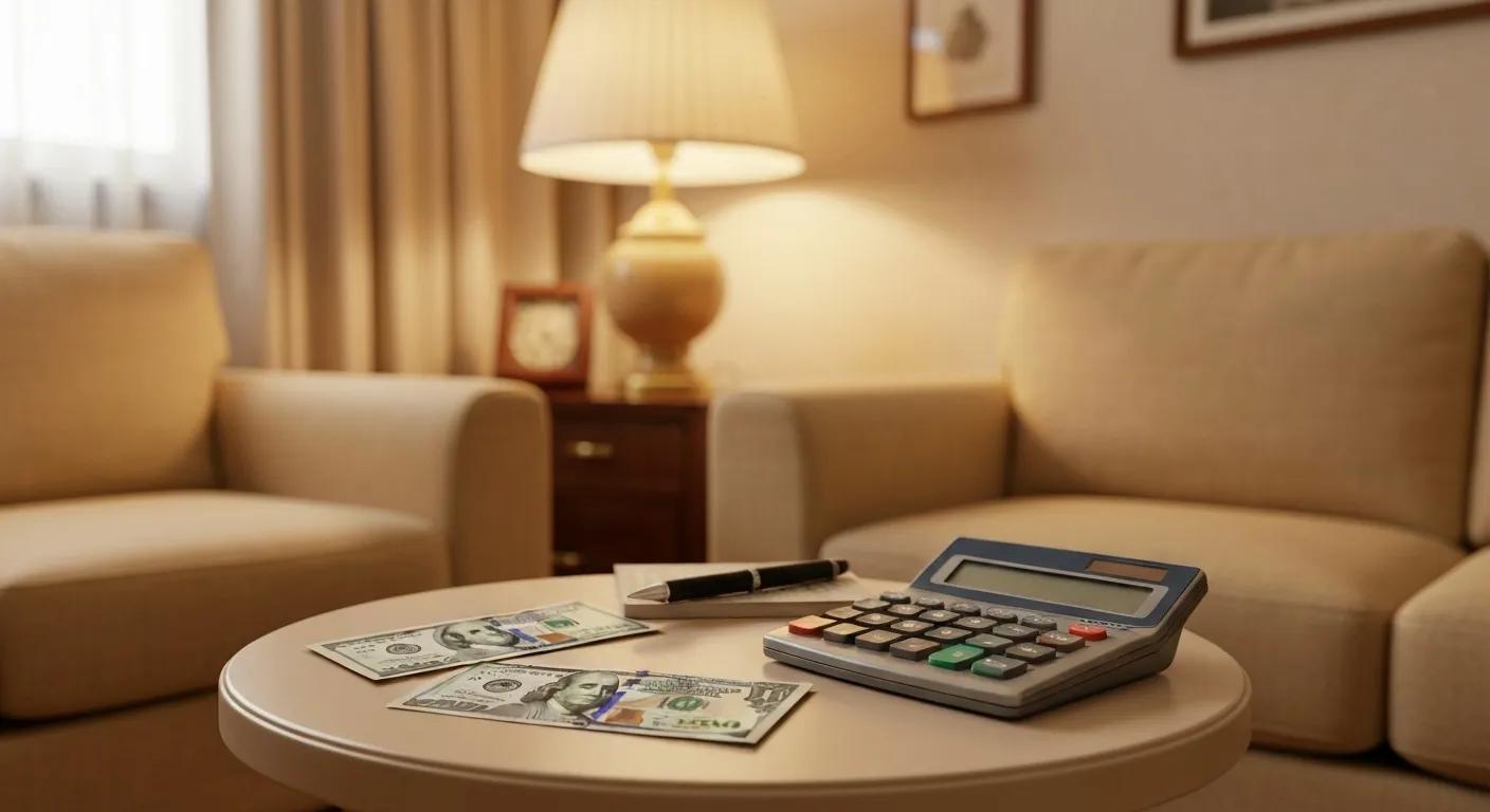 Calculator and cash representing bail bond costs and payment options in a cozy home setting