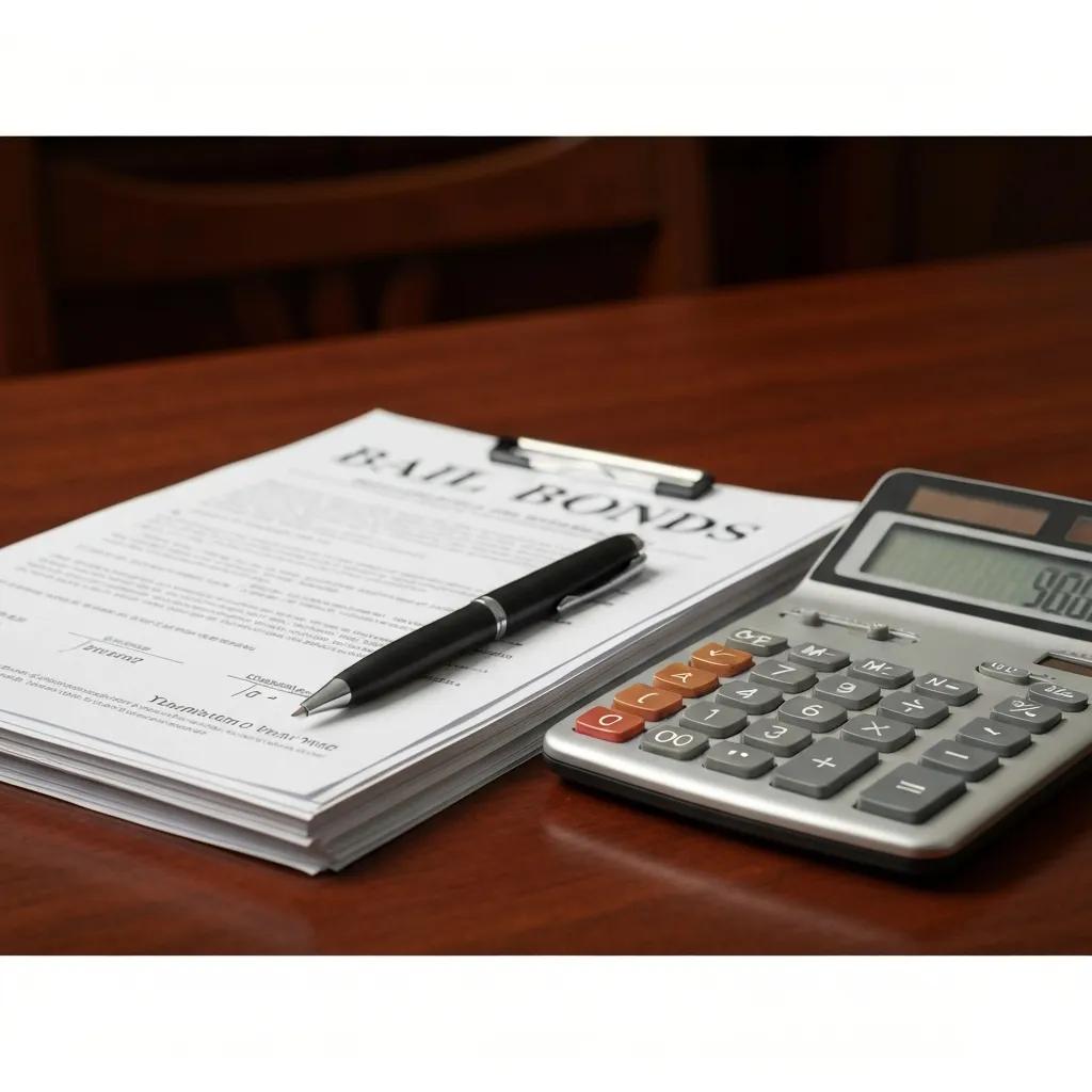 Calculator and bail bond paperwork representing financial aspects of bail bonds