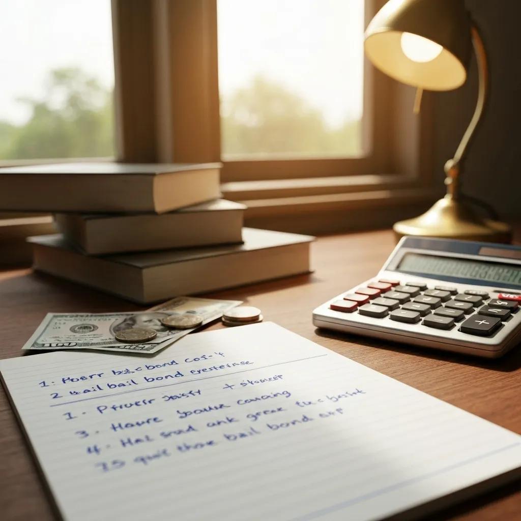 Calculator, cash, and notepad illustrating the financial aspects of bail bond costs