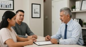 Local bondsman assisting a family with bail process in a welcoming office