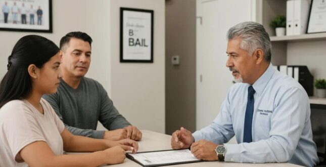 Local bondsman assisting a family with bail process in a welcoming office