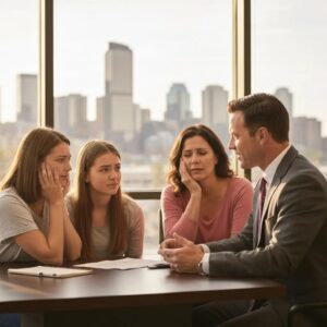 Denver bondsman assisting a family in need of bail services, with Denver skyline in the background