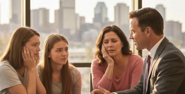Denver bondsman assisting a family in need of bail services, with Denver skyline in the background