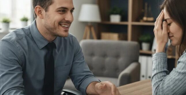 Friendly bail bondsman assisting a client in a welcoming office, emphasizing trust and support