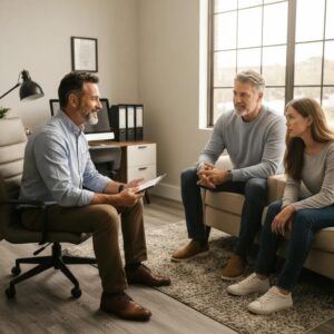 Friendly bail bondsman assisting a family in a welcoming office environment