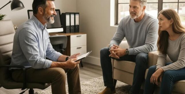 Friendly bail bondsman assisting a family in a welcoming office environment