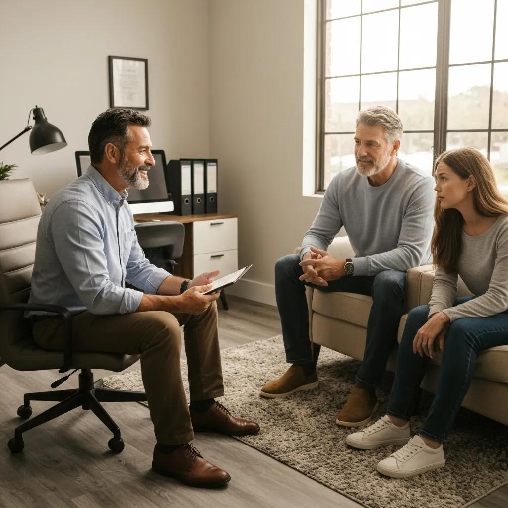 Friendly bail bondsman assisting a family in a welcoming office environment