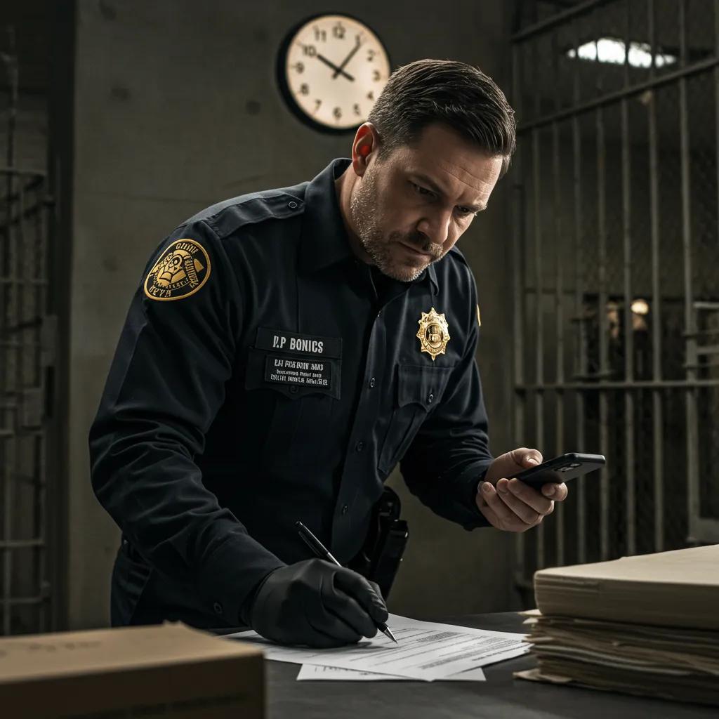 Bondsman preparing paperwork in a detention center for emergency bail service