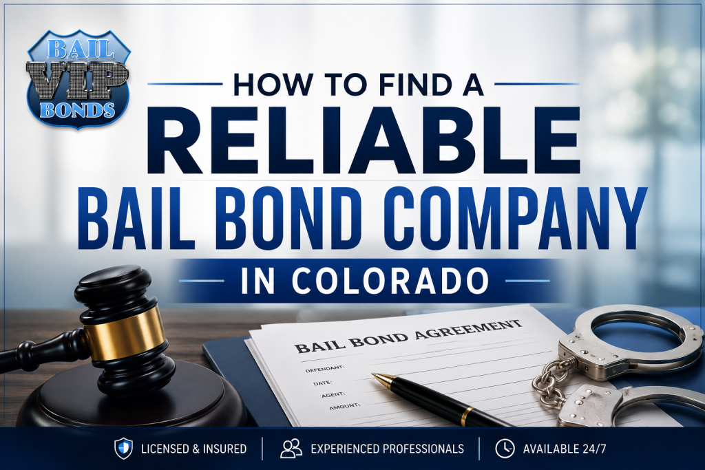 Guide to finding a reliable Colorado bail bond company featuring VIP Bonds, a bail bond agreement, gavel, and legal documents in a professional office setting.