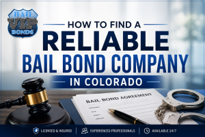 Guide to finding a reliable Colorado bail bond company featuring VIP Bonds, a bail bond agreement, gavel, and legal documents in a professional office setting.