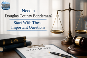 Image of a gavel, scales of justice, and bail bond paperwork, highlighting the question "Need